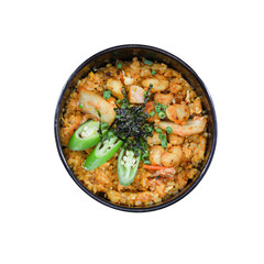 Kimchi Fried Rice Delight: An appetizing top-down view of kimchi fried rice. Vibrant food...