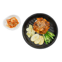 Delectable Korean Chicken Dish: A top-down view of a beautifully plated Korean chicken dish. The dish features perfectly cooked chicken adorned with sesame seeds, alongside an array of fresh sides.