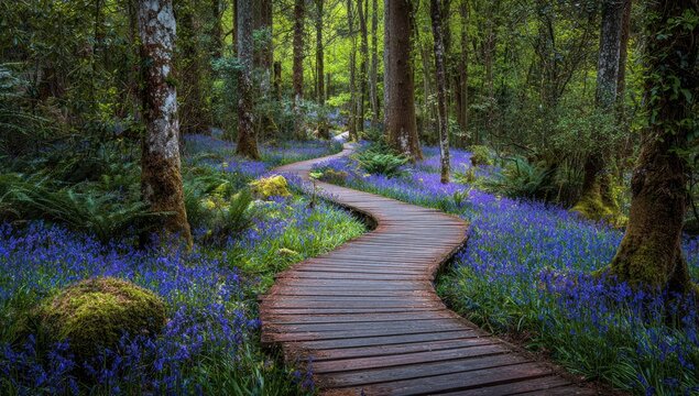 Winding wooden path through a vibrant bluebell forest - Powered by Adobe