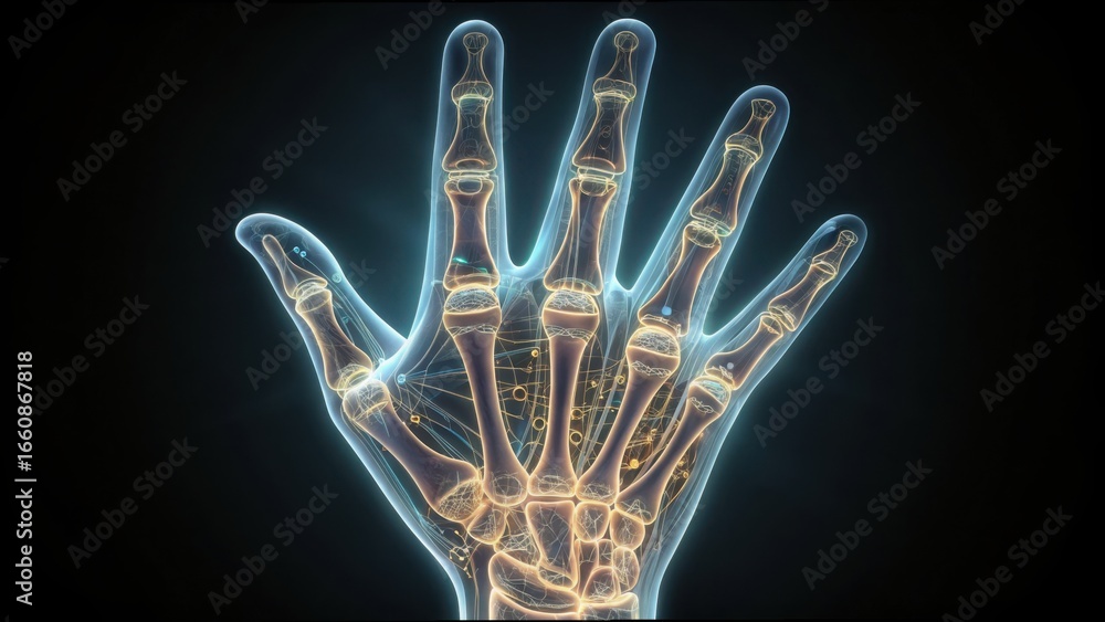 Poster skeletal hand with layered circuitry design and vivid illumination
