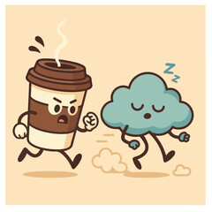 Coffee Chasing Sleepy Cloud – Funny Flat Vector Illustration