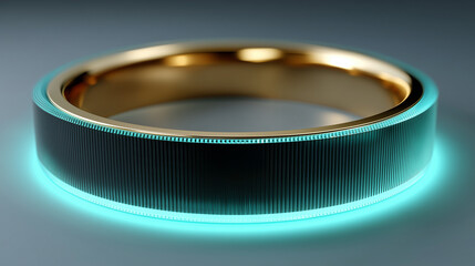 3d rendering. Abstract minimalist geometric background. Round metallic texture with blue green gradient. Ribbed glass illuminated with neon light
