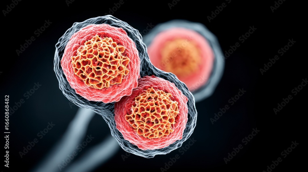 Poster close up 3d rendering of two dividing cells with internal honeycomb structures on a dark background