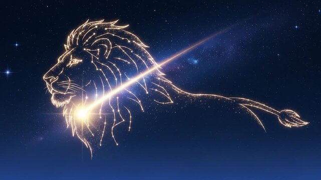 A stylized lion constellation image, with a shooting star, against a starry night sky.