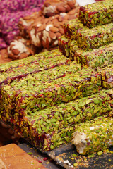 Sweet pistachio confection displayed at a market stall