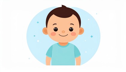Cheerful young boy with short brown hair wea a light blue t-shirt smiling happily with a cartoon style face and background filled with small stars and soft blue circle