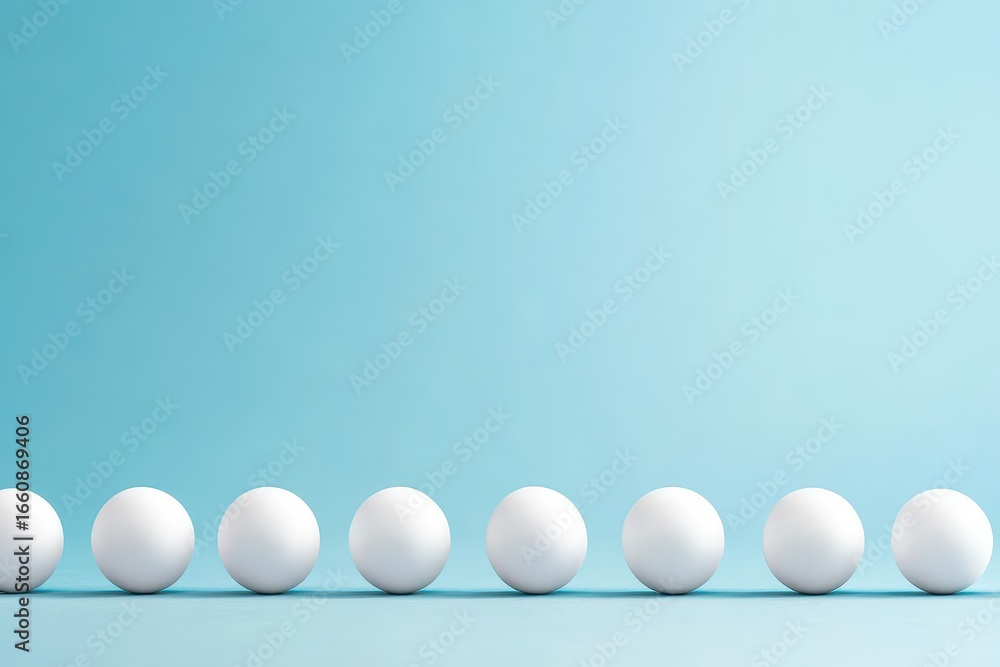 Poster rows of white balls arranged in a straight line on a smooth surface against a light blue background 