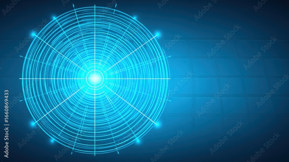 Poster blue circular design featuring lines and dots illustrating a fibonacci correction depth radar icon c