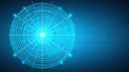 Blue circular design featuring lines and dots illustrating a fibonacci correction depth radar icon concept