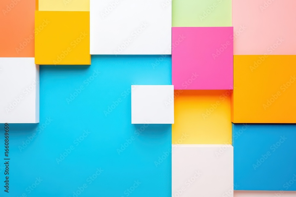 Poster an arrangement of colorful 3d cubes and blocks in various sizes on a bright blue background, creatin