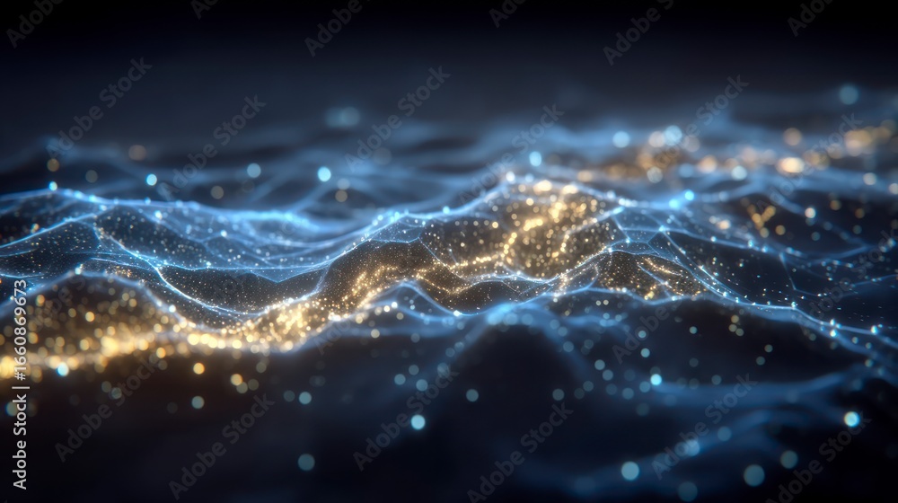Aufkleber abstract glowing digital network with luminous particles and light trails creating a sense of data f