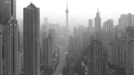 Dense city skyline with towering skyscrapers and a distant observation tower shrouded in fog