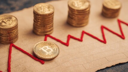 A collection of coins with a bold red arrow indicating direction in a visual representation of fibonacci price path