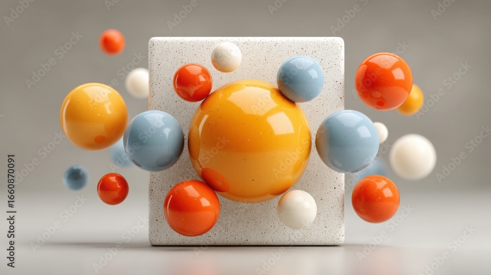 Poster a bunch of colorful balls gathered in a square formation representing playfulness and fun in a creat