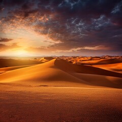 landscape with golden sand dunes under dramatic sunset 