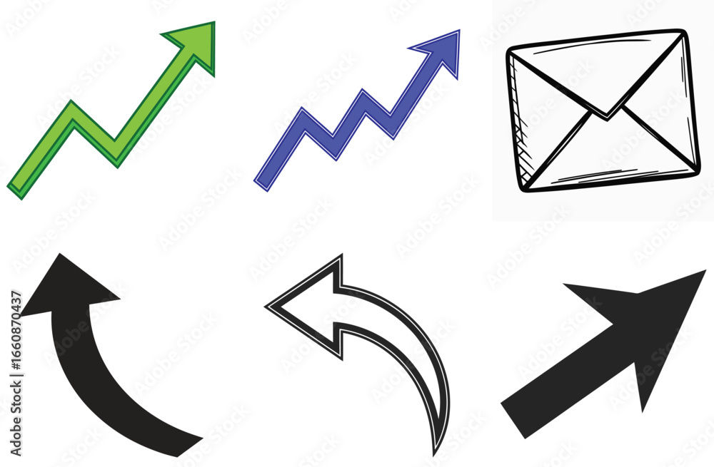Poster assortment of six arrow and envelope icons in various styles and colors mail message