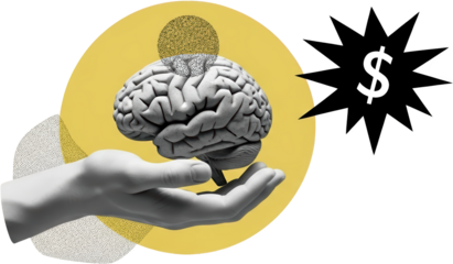 Realistic human brain on a hand with dollar sign burst and abstract yellow circle collage art Money Finance transparent background