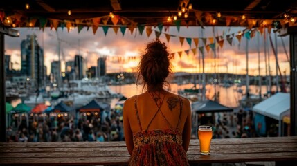 Naklejka premium Woman with tattoo watches sunset over harbor from busy outdoor festival
