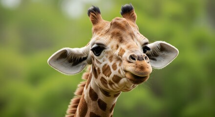 Obraz premium Giraffe portrait against soft green background