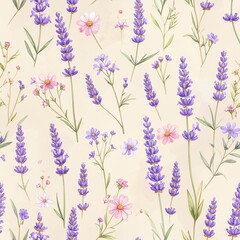 Fototapeta premium Lavender seamless watercolor pattern, floral handpainted botanical illustration