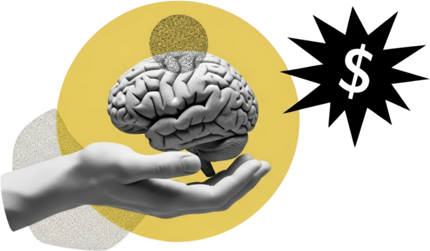 Realistic human brain on a hand with dollar sign burst and abstract yellow circle collage art Money Finance transparent background