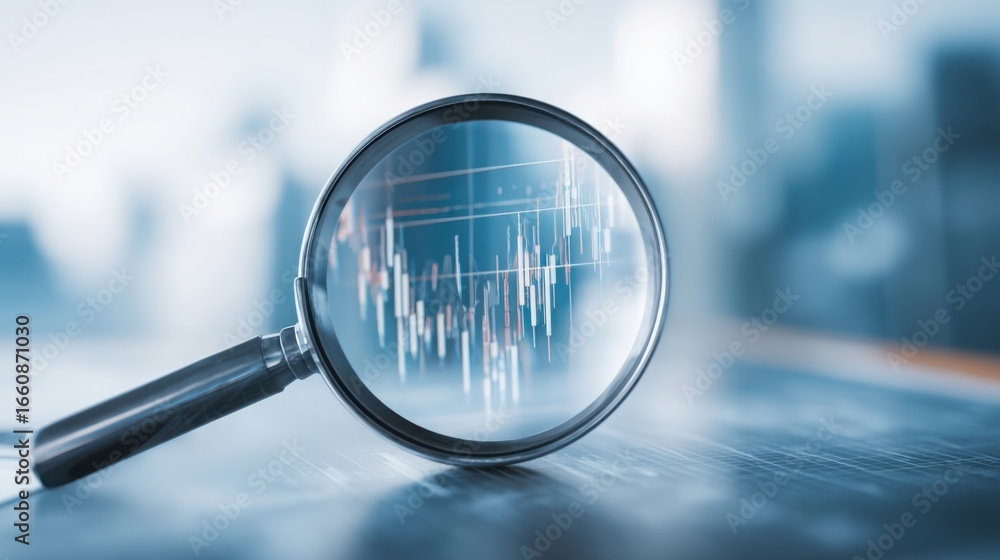 Poster close-up of a magnifying glass focused on a stock chart visualizing fibonacci zone clarity and gradi