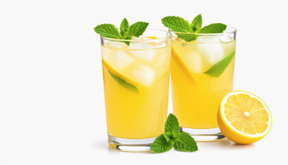Refreshing glasses of classic lemonade with mint leaves set against a clean isolated white background