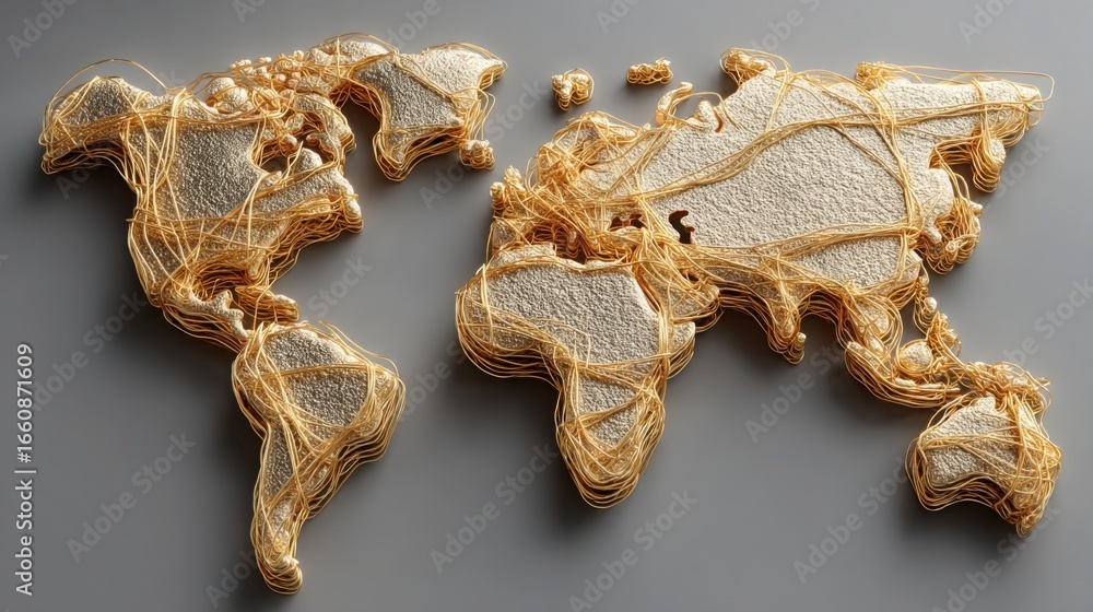 Poster unique world map crafted from string representing global economic connections and dynamics in inflat