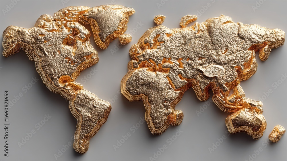 Poster stunning world map crafted from shimmering gold representing global inflation and asset tracking con