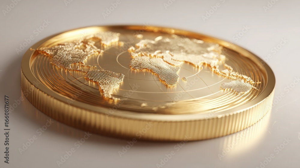 Poster impressive gold coin featuring a world map representing global macro regime switch and financial ove