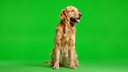 Dog portrait sitting calmly against green screen for visual effects and compositing
