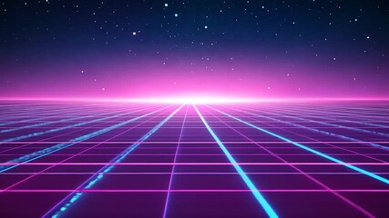 Futuristic neon landscape with grid lines extending towards a glowing horizon under a starry sky - Powered by Adobe