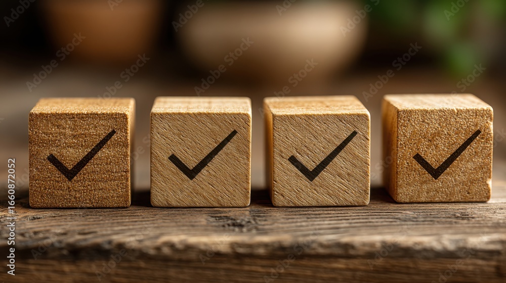 Poster wooden blocks with check mark symbolizing team vision alignment and clarity in achieving goals and o