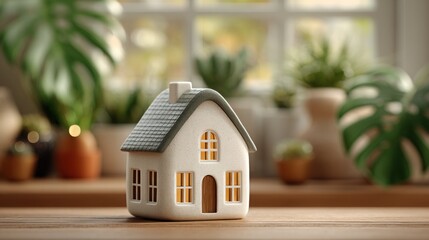 House model on table representing tokenized real estate concept as a digital property panel for investment opportunities