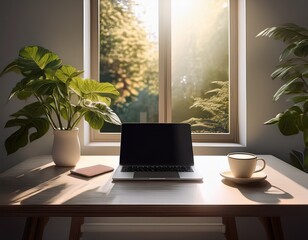 Fototapeta premium workspace with laptop, coffee, and natural light 