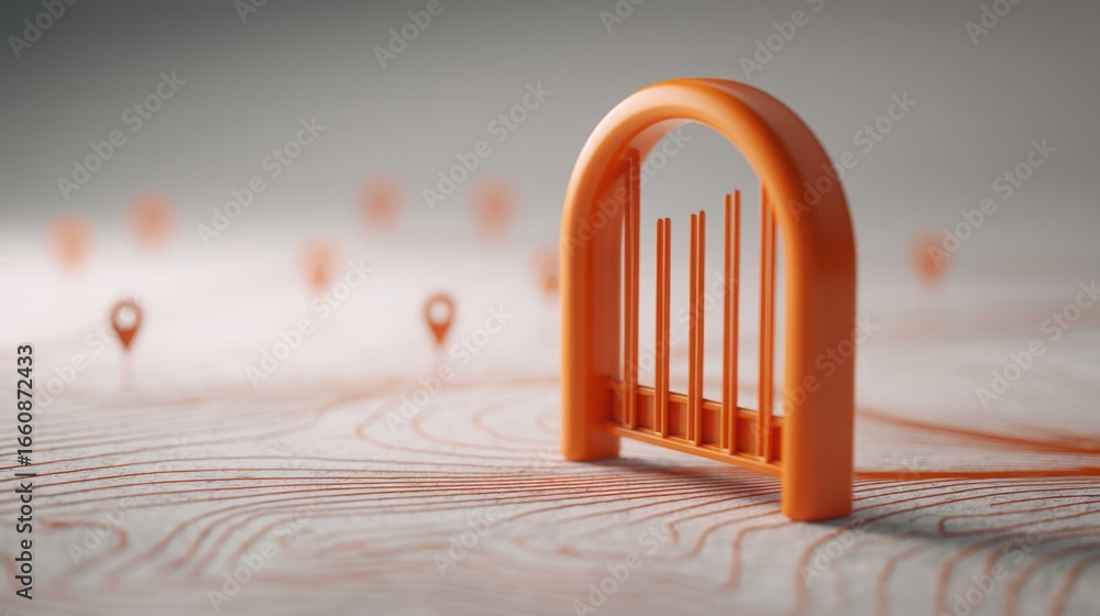 Poster small orange object representing trade corridor entry icon concept with open gate over map lines and