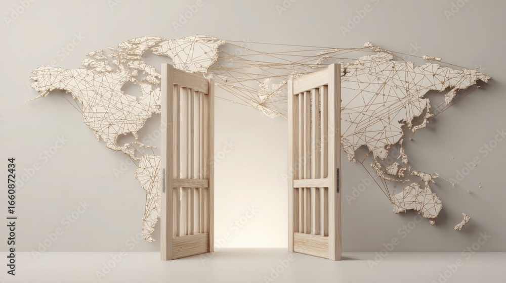Poster intricate world map with trade corridor entry icon concept depicting open gate over detailed map lin