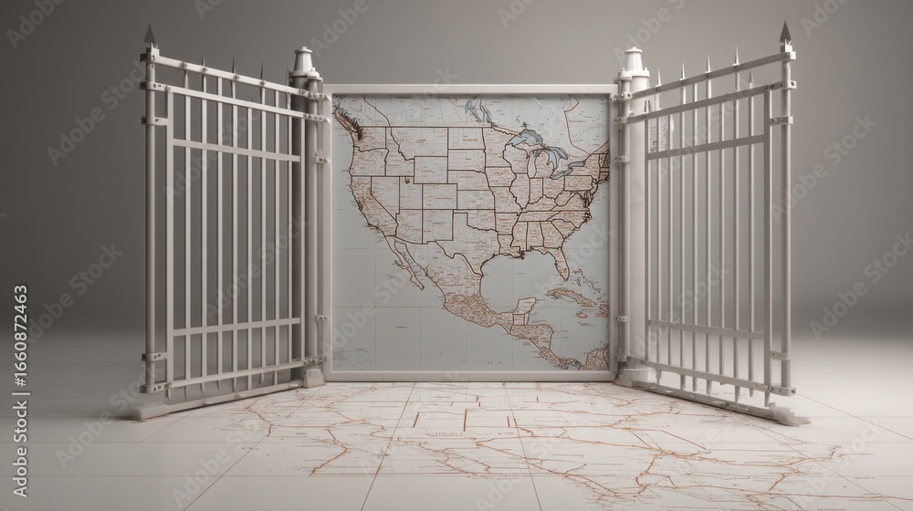 Poster conceptual map displayed within a jail setting symbolizing trade corridor entry icon and restriction