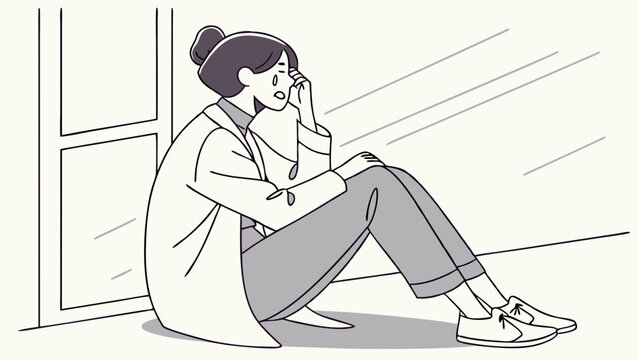 Sad woman sitting alone on floor.