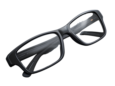 Top-Down View of Bold Black Sunglasses with Slight Tilt, Highlighting Frame Contours, Isolated on Transparent Background