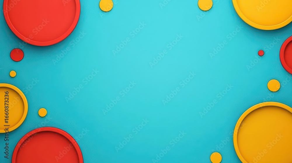 Poster bright colorful abstract background with scattered red and yellow circular shapes on vibrant blue su