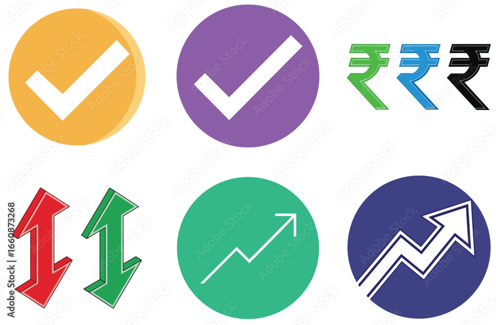 Poster set of six graphic icons with checkmarks currency symbols and arrows check mark icon tick