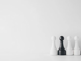Minimalistic composition of five chess pawns lined up on a plain white background, featu three white pawns and two black pawns in a simple, elegant arrangement