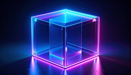glass cube with glowing neon edges on black background 