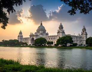 Fototapeta premium Majestic building by a serene lake at sunset