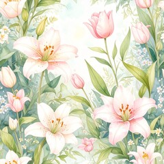 Watercolor Seamless Floral Pattern with Blooming Flowers and Leaves