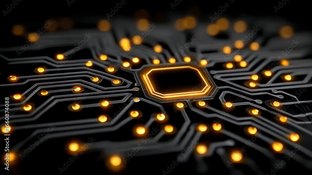 Poster close up view of an illuminated digital circuit board with glowing components and pathways