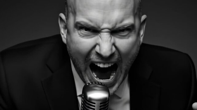 Man shouting into microphone with intense expression monochrome portrait