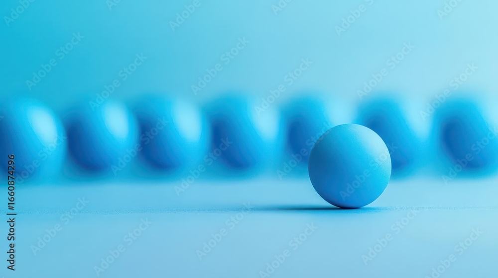 Poster close-up of a single blue ball in the foreground with a row of blue balls blurred in the background 