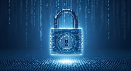 Digital padlock over binary code background, glowing blue tones, sharp focus, cybersecurity concept.
